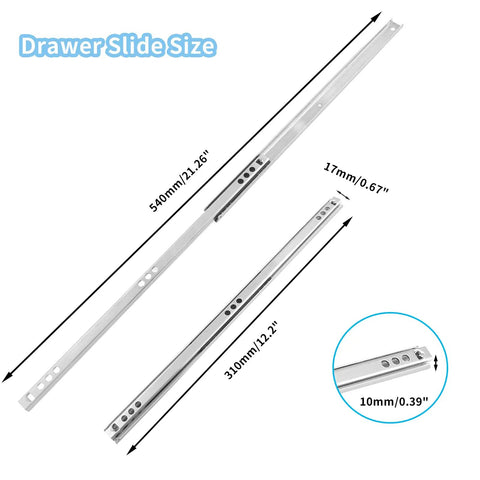 12 Inch Drawer Slides Two Pack Metal Ball Bearing Side Mount Track Rail with dimensions, Bright Silver Finish