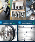 Heavy Duty Pneumatic Steel Strapping Tool For One And One Quarter Inch Wide Straps 32mm Thick 0.032 To 0.047 Inch Tensioner For Three Quarter To One And One Quarter Inch Straps Bonding Ready Option Rugged Alloy Build in use on steel strap bundle