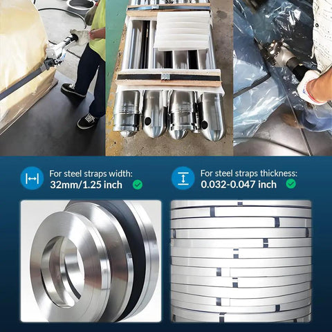 Heavy Duty Pneumatic Steel Strapping Tool For One And One Quarter Inch Wide Straps 32mm Thick 0.032 To 0.047 Inch Tensioner For Three Quarter To One And One Quarter Inch Straps Bonding Ready Option Rugged Alloy Build in use on steel strap bundle