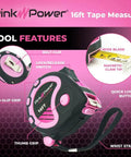 Pink Tape Measure 16 Ft For Womens DIY Tool Kit With Handy Retractable Blade And Lock Button, features and design details visible.