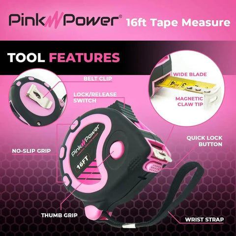 Pink Tape Measure 16 Ft For Womens DIY Tool Kit With Handy Retractable Blade And Lock Button, features and design details visible.