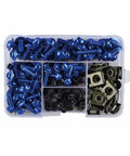 Blue Motorcycle Bolt Kit With Washers And Nuts All In One Hardware Set For ZZR Series And ZX Sport Bikes ZZR400 ZZR600 ZZR1100 ZZR1200 ZZR1400 ZX25R ZX4RR ZX6RR ZX636R Heavy Duty Stainless Fasteners For Easy Upgrades in organizer tray