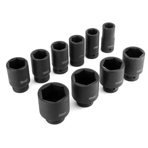 Big Grip 3/4 Inch Drive Metric Deep Impact Socket Set With CrMo Steel Heavy Duty Tool Kit For Car Auto Repair And Garage Use Includes 10 Pieces Ranging 6 To 50mm 6 Point Design Made Tough For Real Hardcore Jobs, 10-piece metric sockets 22-50mm
