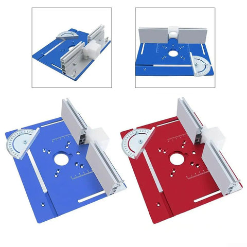 Badass Heavy Duty Aluminum Router Table Insert With Miter Gauge For Precision Woodworking in blue and red color variations.