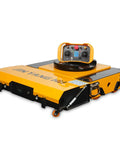 Heavy Duty Electric Skates For Industrial Machine Moving With Dual Straight Aux Wheels, 360° Multi-Ton Cargo Roller Setup For Factory Floors And Shop Work with remote control.
