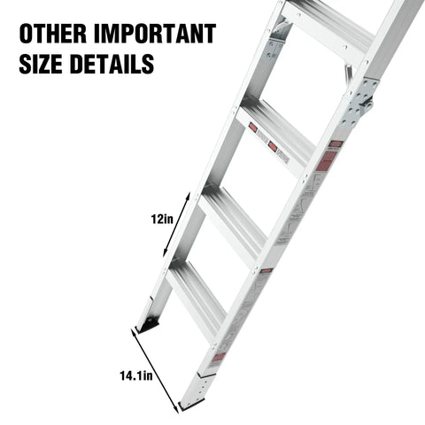Heavy Duty Aluminum Attic Ladder Pull Down Loft Stairs For Easy Attic Access Door Manual Lift Foldable Ceiling Steps Fits 7 Ft 8 In To 10 Ft 3 In Ceilings 22.5 In By 54 In Opening 375 Lbs Capacity, size details 12in and 14.1in