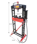 20 Ton Air Powered Hydraulic Shop Press Featuring Deluxe Sliding Carriage Precision Pressure Gauge Nine Height Settings with dimensions displayed.