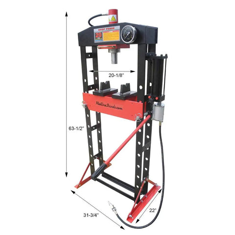 20 Ton Air Powered Hydraulic Shop Press Featuring Deluxe Sliding Carriage Precision Pressure Gauge Nine Height Settings with dimensions displayed.