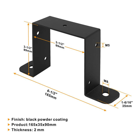 4 Pack Square Tube Strap Clamp Set For 4x4 Posts, Heavy Duty U Shape Bracket Clamp With Powder Coat shown with dimensions