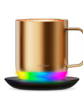 Smart Self Heating Coffee Mug With 12 Oz Capacity And Ai Auto Warm Tech Features Music Reactive Ambient Lights on stand.