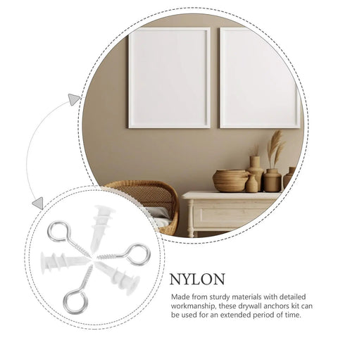 Heavy Duty Self Drilling Drywall Anchors And Screws Kit With Eye Hooks in nylon construction shown in home setting