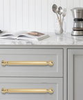 10 Pack 5 Inch Center To Center Brushed Brass Cabinet Pulls Satin Brass Cabinet Hardware Heavy Duty Drawer Handles installed on kitchen cabinets
