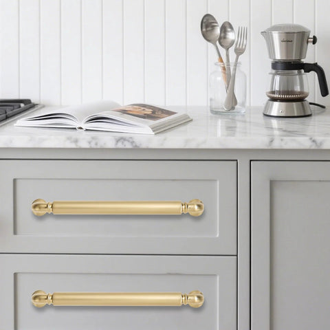 10 Pack 5 Inch Center To Center Brushed Brass Cabinet Pulls Satin Brass Cabinet Hardware Heavy Duty Drawer Handles installed on kitchen cabinets