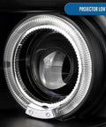 Close-up view of 2005 To 2010 Scion tC LED Halo Projector Headlights Upgrade Kit With Black Housing And Angel Eye Rings, Projector Low Beam