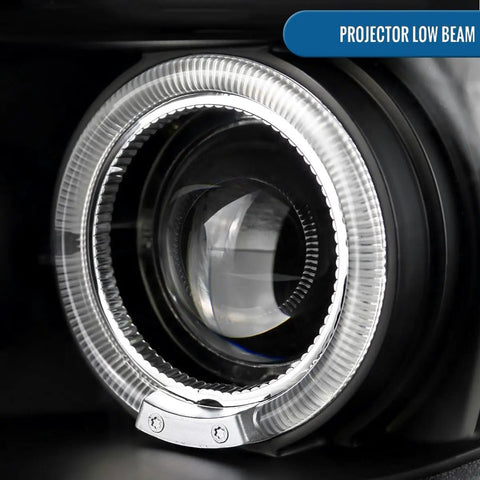 Close-up view of 2005 To 2010 Scion tC LED Halo Projector Headlights Upgrade Kit With Black Housing And Angel Eye Rings, Projector Low Beam