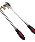 Heavy Duty Manual Cable Bender With Smooth Ratcheting Lever And Zero To One Eighty Degree Flex Range For Ten Kilovolt Copper Wire, silver with red grips.
