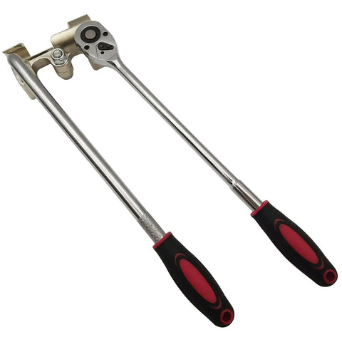 Heavy Duty Manual Cable Bender With Smooth Ratcheting Lever And Zero To One Eighty Degree Flex Range For Ten Kilovolt Copper Wire, silver with red grips.
