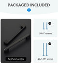 Package includes 12 black cabinet pulls, six and one quarter inch hole spacing wide base, 24 screws, corrosion-resistant.