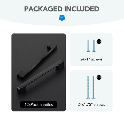 Package includes 12 black cabinet pulls, six and one quarter inch hole spacing wide base, 24 screws, corrosion-resistant.