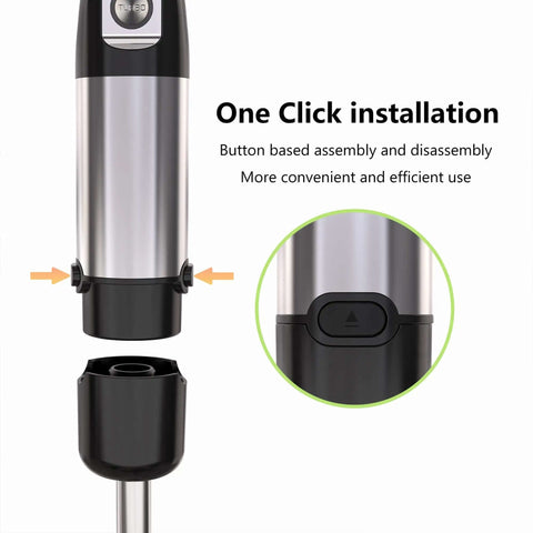 Heavy Duty Kitchen Workhorse 1000W Handheld Immersion Blender Featuring Slick Stainless Steel Shaft And Two Speed Settings, close-up of one click assembly button.