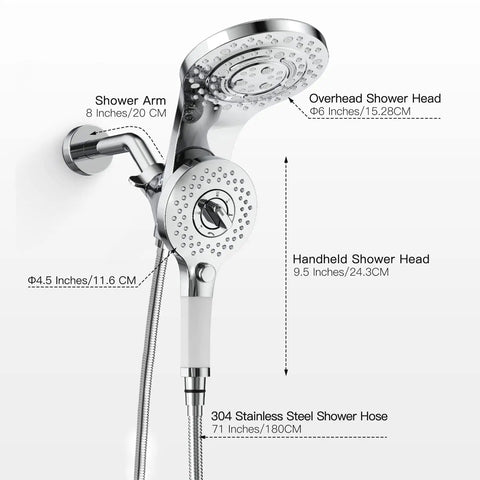 8 Spray 2 In 1 Dual Shower Head With Handheld And Magnetic Dock Hose Included Detachable Pause Switch For Water Saving Chrome Finish Easy Snap On Off High Pressure Shower Combo with dimensions.