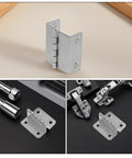 Four Fold Four Hole Stainless Steel Cabinet Door Hinges Set, right angle design with screws and installation parts visible