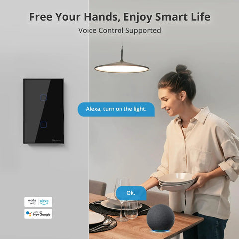Two Gang 1 Way WiFi Touch Light Switch For Alexa And Google Home, black TX T3, shown beside smart home setup with RF433 remote control.