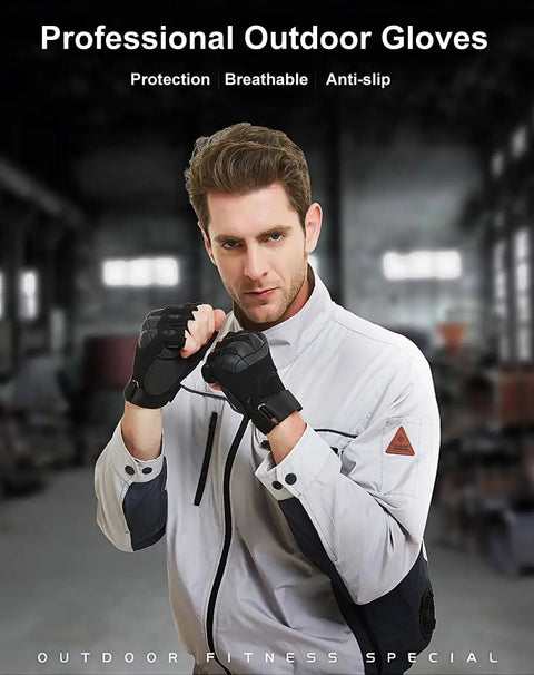 Man wearing Rugged Tactical Fingerless Gloves For Men With Hard Knuckles And Reinforced Palm Built For Maximum Tactility And Durability.