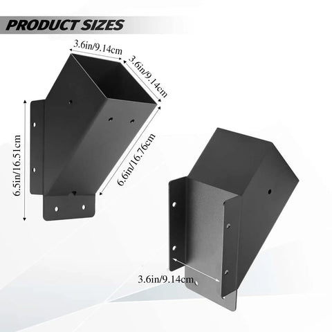 Beefed Up Heavy Duty 45 Degree Arc Wood Post And Beam Angle Brackets Kit dimensions view, black rustproof.