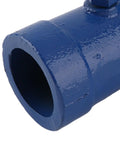 Heavy Duty Hand Bender For Electrical Conduit And Plumbing Pipes Solid One Inch Steel Pipe Bending Tool close-up of blue painted pipe end.