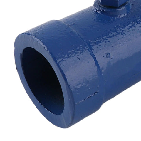 Heavy Duty Hand Bender For Electrical Conduit And Plumbing Pipes Solid One Inch Steel Pipe Bending Tool close-up of blue painted pipe end.