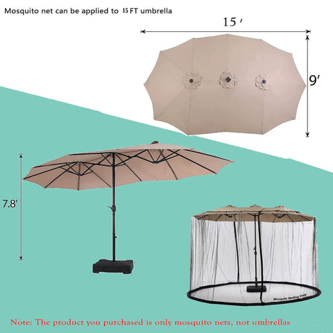 15ft Double Sided Mosquito Netting For Patio Umbrellas With Double Zippers, Water Resistant Bottom, Fits 15x9 Twin, and More