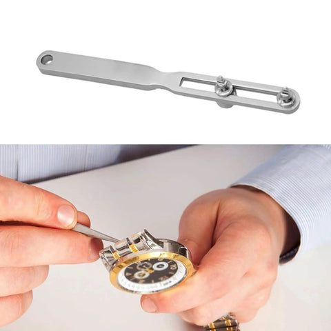 Adjustable Watch Back Remover Tool With Wrench Style Case Back Opener Kit in use for watch battery replacement.