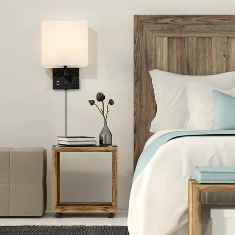 Plug In Wall Sconces With Bulbs Two Pack USB Port And Outlet Black Wall Lamps for Bedroom includes bulbs switch on cord