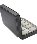 Top Shelf 10 Grid Watch Storage Box With Cushioned Dividers For Organizing Your Cool Watch Collection On The Go Or Desk Display Plus Ring Holder And Travel Essentials Case open view showing soft interior and cushioned slots.