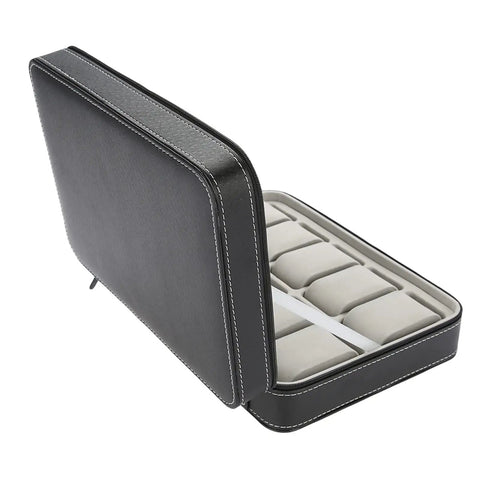Top Shelf 10 Grid Watch Storage Box With Cushioned Dividers For Organizing Your Cool Watch Collection On The Go Or Desk Display Plus Ring Holder And Travel Essentials Case open view showing soft interior and cushioned slots.