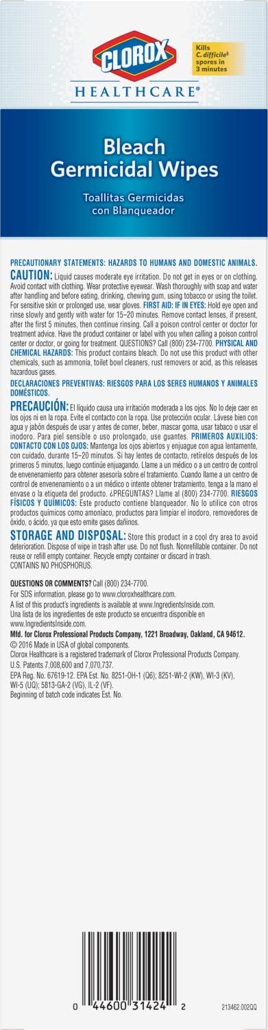 Label of Hospital Grade Germicidal Bleach Wipes Ready To Use Disinfectant For Industrial Cleaning Kill C Difficile In 3 Minutes 58 Seconds