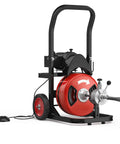 100 Foot Auto Feed Drain Snake With Three Quarter Inch Electric Drain Auger on a cart, featuring steel core cable and foot switch.