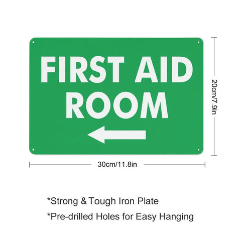 Left Arrow First Aid Room Outdoor Medical Safety Sign 8x12 Aluminum Wall Decor For Home Office School Factory Driveway Emergency Treatment Zone Guide Signs Pro Grade, green with text and arrow.