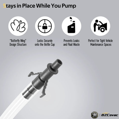 Close-up of Bzcovac 30cc hand oil transfer pump nozzle with clear tubing