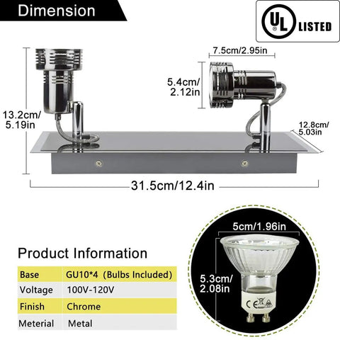 Dimensions of Six Head LED Track Light Kit with base dimensions, bulb size, and UL listed certification details.