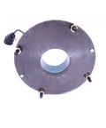 Front view of a circular brake motor mounting flange with central bore, four studs, and a coiled wiring lead