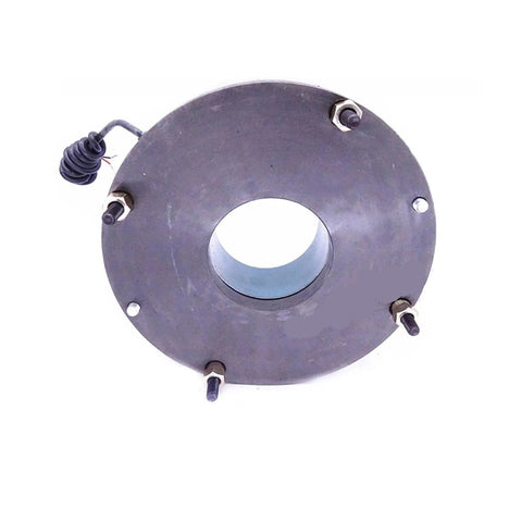 Front view of a circular brake motor mounting flange with central bore, four studs, and a coiled wiring lead