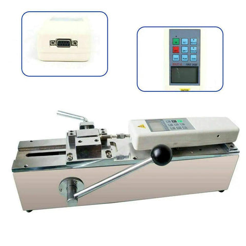 HP-500 Digital Force Gauge 1000N 110V Push-Pull Tester With Test Bench Bracket Fixture And Digital Display For Precise Tensile And Compression Force Measurement, 1% Accuracy, Easy Setup. Horizontal metal bench with digital gauge and clamp