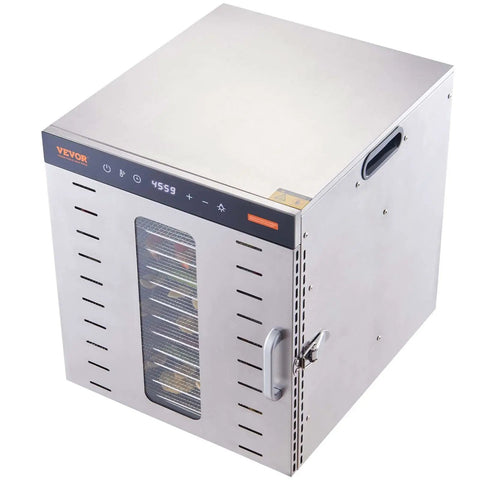 Big Time 1000W Electric Food Dehydrator With 10 Spacious Stainless Steel Trays And Easy Digital Controls, top view of stainless steel design.
