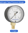 Front view of MEASUREMAN diaphragm-type pressure gauge with 2-1/2 in dial, 0-5 psi, brass 3/4 in FNPT connection