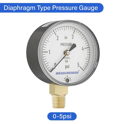 Front view of MEASUREMAN diaphragm-type pressure gauge with 2-1/2 in dial, 0-5 psi, brass 3/4 in FNPT connection