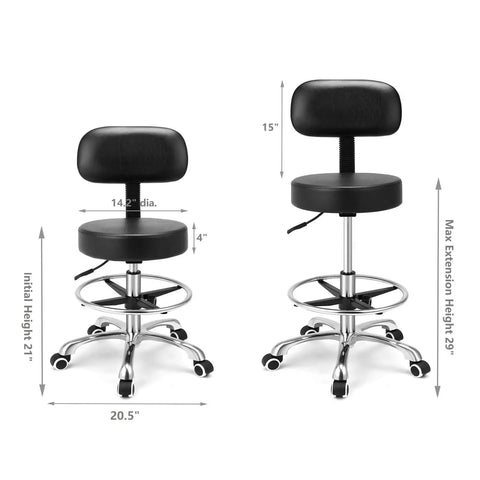 Heavy Duty Swivel Rolling Stool With Backrest For All Day Comfort On Wheels, Adjustable Height 21 To 29 Inches, 360 Degree Spin, metal base