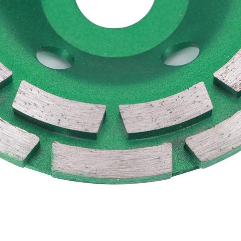 Close-up of Double Row Diamond Grinding Wheel Disc for Concrete Granite Marble Polishing and Smoothing, green abrasive surface