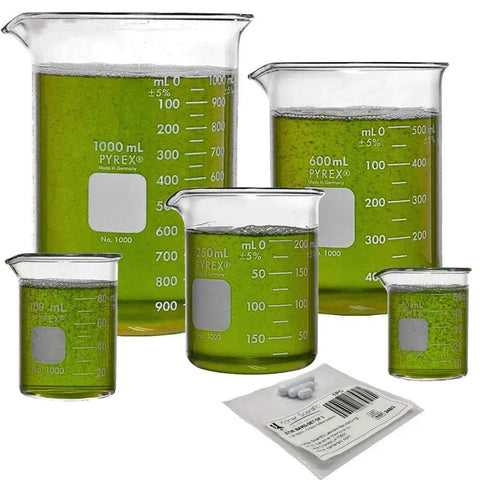 Low Form Glass Beaker Set With Magnetic Stir Bars For Lab Nerds, 5 Sizes 50 mL, 100 mL, 250 mL, 600 mL, 1000 mL, Borosilicate Glass With DoubleScale